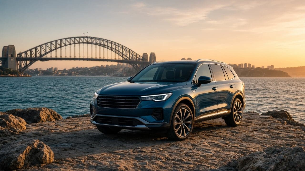 Premium rental vehicle by Sydney Harbour at golden hour